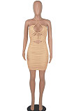 Euramerican Women Fashion Sexy Halter Neck Hollow Out Solid Color Backless Bandage Mini Dress WMZ2705