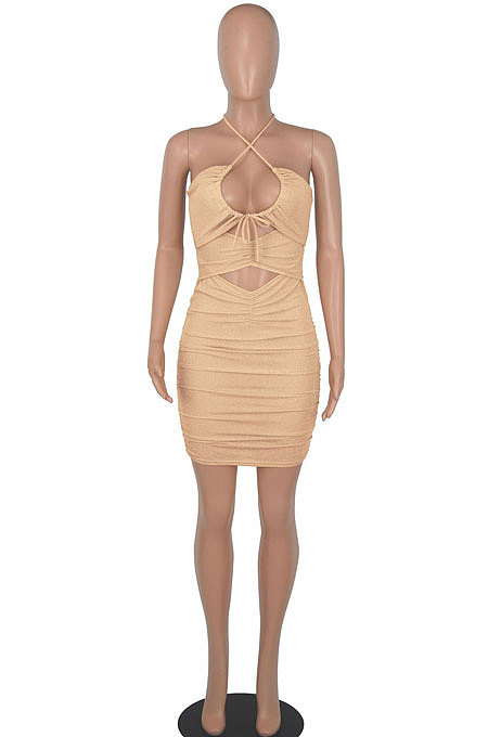 Euramerican Women Fashion Sexy Halter Neck Hollow Out Solid Color Backless Bandage Mini Dress WMZ2705