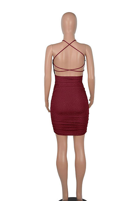 Euramerican Women Fashion Sexy Halter Neck Hollow Out Solid Color Backless Bandage Mini Dress WMZ2705