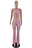 Top Sellers Women Sexy Ribber Sleeveless Drawstring Crop Tank Tops Wide Leg Pants Slim Fitting Plain Sets E8663