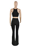 Top Sellers Women Sexy Ribber Sleeveless Drawstring Crop Tank Tops Wide Leg Pants Slim Fitting Plain Sets E8663