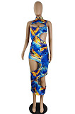 Women's Dew Sexy Colorful Printed Sleeveless O Neck Hollow Out Maxi Bodycon Dress E8666