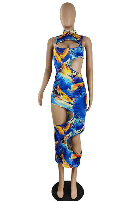 Women's Dew Sexy Colorful Printed Sleeveless O Neck Hollow Out Maxi Bodycon Dress E8666