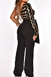 Fashion New Women Sequins Patchwork One Shoulder Long Sleeve Collect Waist Wide Leg Jumpsuits Party QZ3331