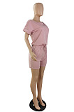 Casual Wholesale Women Short Sleeve Round Neck Shorts Solid Color Sport Fake Two Jumpsuits E8667