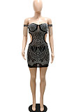 Fashion Sexy A Word Shoulder Side Hollow Out Hot Drilling Tassel Bodycon Mini Dress CCY9629