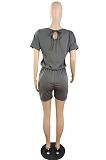 Casual Wholesale Women Short Sleeve Round Neck Shorts Solid Color Sport Fake Two Jumpsuits E8667