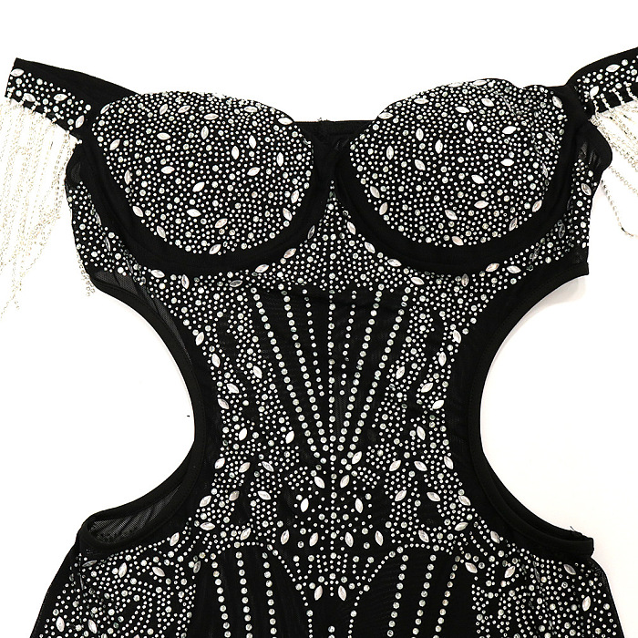 Fashion Sexy A Word Shoulder Side Hollow Out Hot Drilling Tassel Bodycon Mini Dress CCY9629