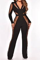 Hot Sales Nigh Club Mesh Patchwork Long Sleeve V Collar Collect Waist Wide Leg Jumpsuits QZ3332