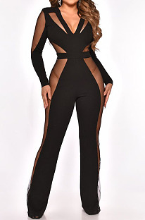 Hot Sales Nigh Club Mesh Patchwork Long Sleeve V Collar Collect Waist Wide Leg Jumpsuits QZ3332