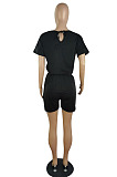 Casual Wholesale Women Short Sleeve Round Neck Shorts Solid Color Sport Fake Two Jumpsuits E8667