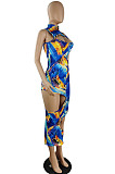 Women's Dew Sexy Colorful Printed Sleeveless O Neck Hollow Out Maxi Bodycon Dress E8666