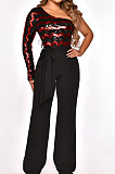 Fashion New Women Sequins Patchwork One Shoulder Long Sleeve Collect Waist Wide Leg Jumpsuits Party QZ3331