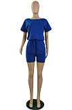 Casual Wholesale Women Short Sleeve Round Neck Shorts Solid Color Sport Fake Two Jumpsuits E8667