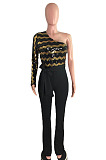 Fashion New Women Sequins Patchwork One Shoulder Long Sleeve Collect Waist Wide Leg Jumpsuits Party QZ3331
