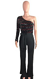 Fashion New Women Sequins Patchwork One Shoulder Long Sleeve Collect Waist Wide Leg Jumpsuits Party QZ3331