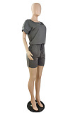 Casual Wholesale Women Short Sleeve Round Neck Shorts Solid Color Sport Fake Two Jumpsuits E8667