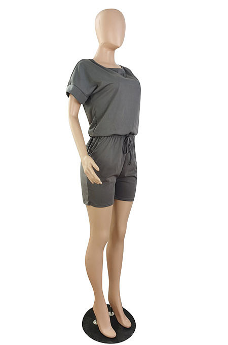 Casual Wholesale Women Short Sleeve Round Neck Shorts Solid Color Sport Fake Two Jumpsuits E8667