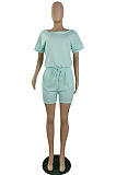 Casual Wholesale Women Short Sleeve Round Neck Shorts Solid Color Sport Fake Two Jumpsuits E8667