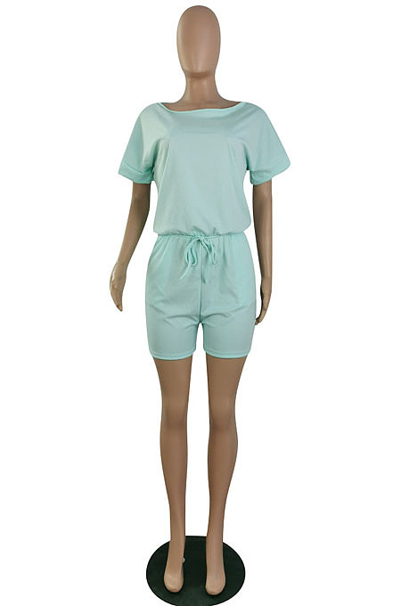 Casual Wholesale Women Short Sleeve Round Neck Shorts Solid Color Sport Fake Two Jumpsuits E8667