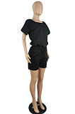 Casual Wholesale Women Short Sleeve Round Neck Shorts Solid Color Sport Fake Two Jumpsuits E8667