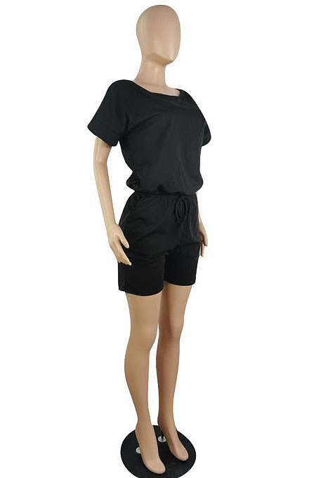 Casual Wholesale Women Short Sleeve Round Neck Shorts Solid Color Sport Fake Two Jumpsuits E8667