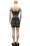 Fashion Sexy A Word Shoulder Side Hollow Out Hot Drilling Tassel Bodycon Mini Dress CCY9629