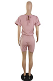 Casual Wholesale Women Short Sleeve Round Neck Shorts Solid Color Sport Fake Two Jumpsuits E8667