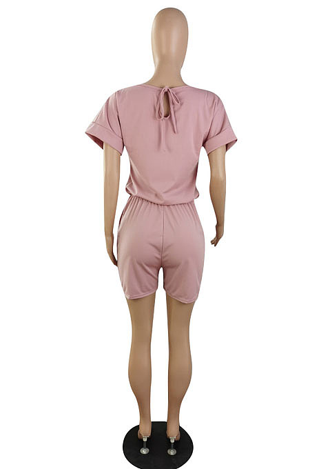 Casual Wholesale Women Short Sleeve Round Neck Shorts Solid Color Sport Fake Two Jumpsuits E8667