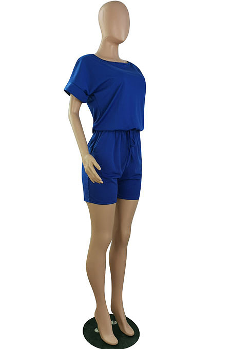 Casual Wholesale Women Short Sleeve Round Neck Shorts Solid Color Sport Fake Two Jumpsuits E8667