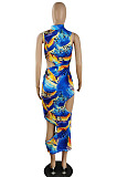 Women's Dew Sexy Colorful Printed Sleeveless O Neck Hollow Out Maxi Bodycon Dress E8666