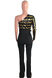 Fashion New Women Sequins Patchwork One Shoulder Long Sleeve Collect Waist Wide Leg Jumpsuits Party QZ3331