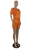 Casual Wholesale Women Short Sleeve Round Neck Shorts Solid Color Sport Fake Two Jumpsuits E8667