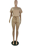 Casual Wholesale Women Short Sleeve Round Neck Shorts Solid Color Sport Fake Two Jumpsuits E8667