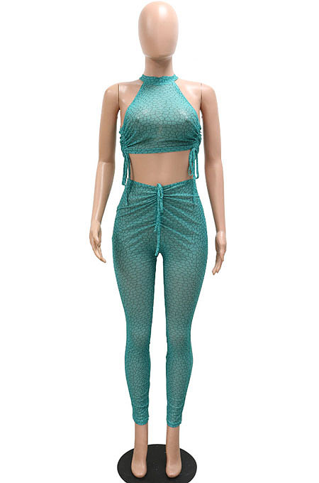 Euramerican Fashion Sexy Halter Neck Bandage Printing Perspectivity Long Pants Sets CCY9640