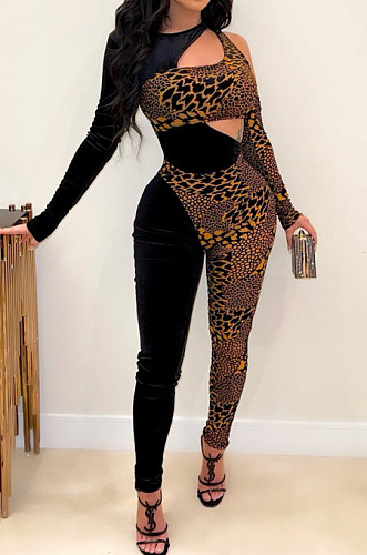 Nigh Club Women New Leopard Print Patchwork Long Sleeve Hollow Out Bodycon Jumpsuits QZ3333