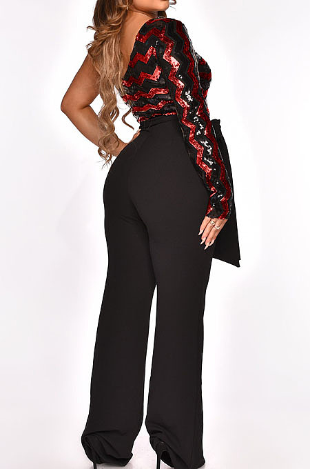 Fashion New Women Sequins Patchwork One Shoulder Long Sleeve Collect Waist Wide Leg Jumpsuits Party QZ3331