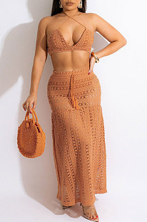 Euramerican Women Fashion Sexy Strapless Halter Neck Bandage Perspectivity Lace Skirts Sets CCY9625