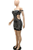 Fashion Sexy A Word Shoulder Side Hollow Out Hot Drilling Tassel Bodycon Mini Dress CCY9629