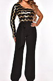 Fashion New Women Sequins Patchwork One Shoulder Long Sleeve Collect Waist Wide Leg Jumpsuits Party QZ3331