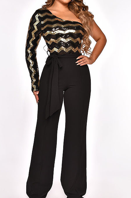 Fashion New Women Sequins Patchwork One Shoulder Long Sleeve Collect Waist Wide Leg Jumpsuits Party QZ3331