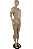 Casual Wholesale Women Short Sleeve Round Neck Shorts Solid Color Sport Fake Two Jumpsuits E8667