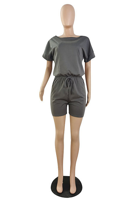 Casual Wholesale Women Short Sleeve Round Neck Shorts Solid Color Sport Fake Two Jumpsuits E8667