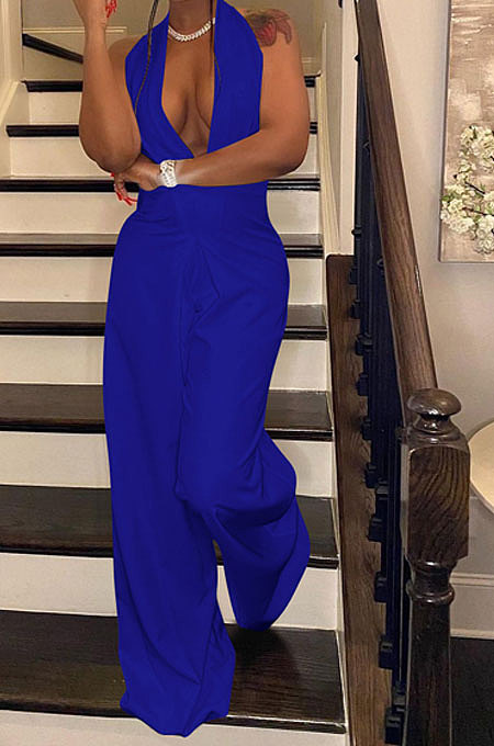 Euramerican Women Pure Color Halter Neck Backless Wide Leg Jumpsuits NK276