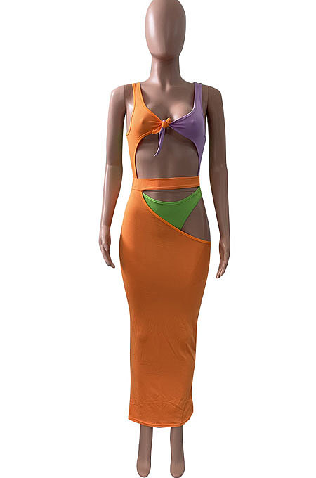 Euramerican Women Multi Spliced Jumpsuits Swimwear Beach Skirts Sets NK274