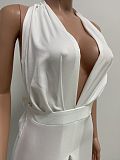 Euramerican Women Pure Color Halter Neck Backless Wide Leg Jumpsuits NK276