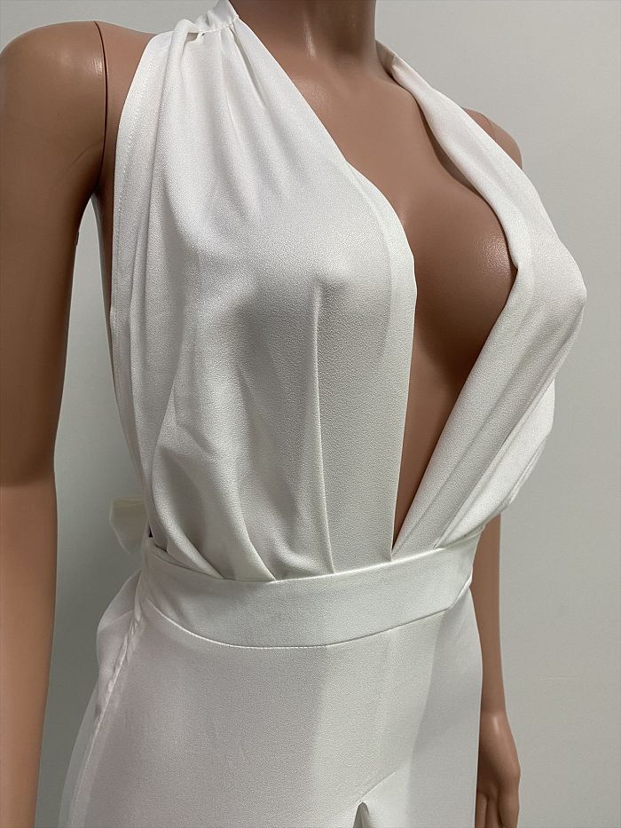 Euramerican Women Pure Color Halter Neck Backless Wide Leg Jumpsuits NK276