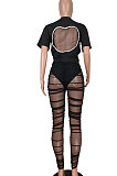 Euramerican Women Fashion Backless Mesh Spaghetti Solid Color Pants Sets AGY68546