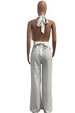 Euramerican Women Pure Color Halter Neck Backless Wide Leg Jumpsuits NK276