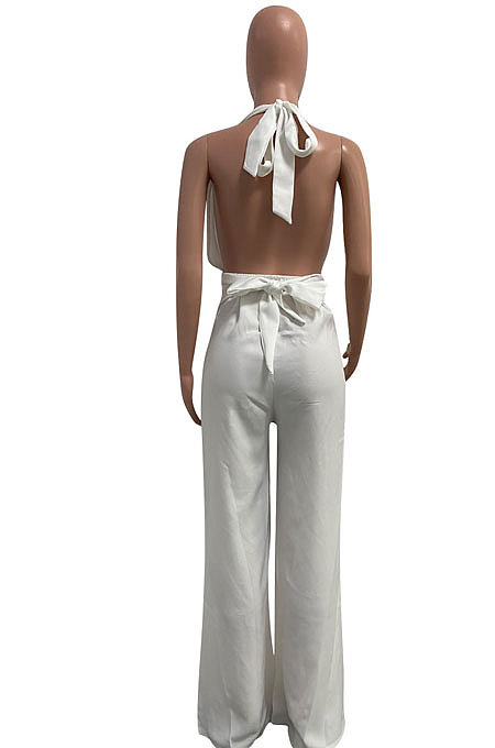 Euramerican Women Pure Color Halter Neck Backless Wide Leg Jumpsuits NK276
